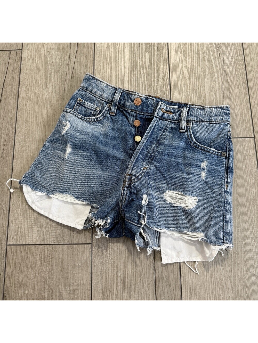 H&M Vintage High Waist Denim Shorts Women Blue Distressed Raw Hem Size 4 Summer
